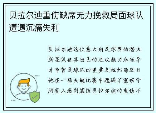 贝拉尔迪重伤缺席无力挽救局面球队遭遇沉痛失利