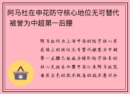 阿马杜在申花防守核心地位无可替代 被誉为中超第一后腰