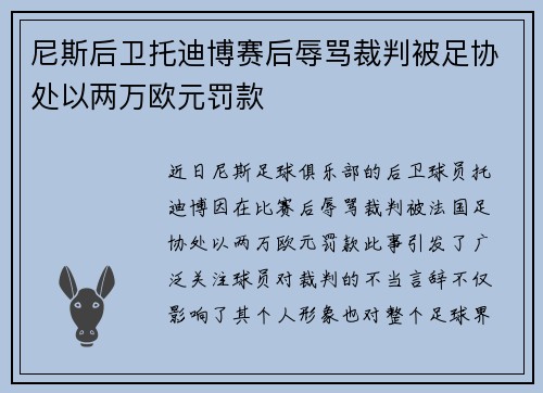 尼斯后卫托迪博赛后辱骂裁判被足协处以两万欧元罚款